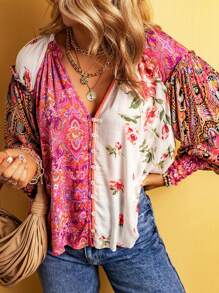 Multi-Color Floral Patchwork Ruffle Cuff Button-Up Shirt - Multicolor - View 5