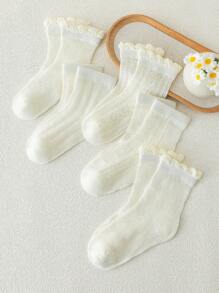 5 双女孩/儿童/幼儿网眼蕾丝边袜子，纯白色，蝴蝶结，波尔卡圆点，格子图案，中筒，条纹，可爱款式，春夏网眼袜，百搭，适合学生日常穿着，返校季，可搭配休闲运动鞋、皮鞋 - 白色 - 查看 2