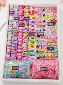 890pcs/Set Kids Pink Heart & Bowknot Elastic Hairbands, Hair Clips, Scrunchies, Princess Hair Accessories, Daily Use & Gift