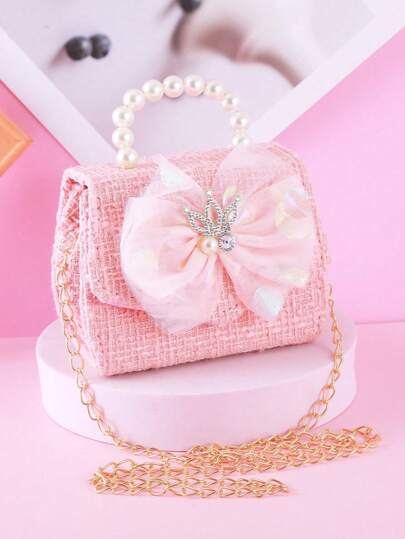 1pc Cute Bow Rhinestone Crown Decor Metal Chain Strap PU Shoulder Crossbody Bag, Flap Closure, Casual Fashion Pearl Handbag, Suitable For Teens And Daily Use