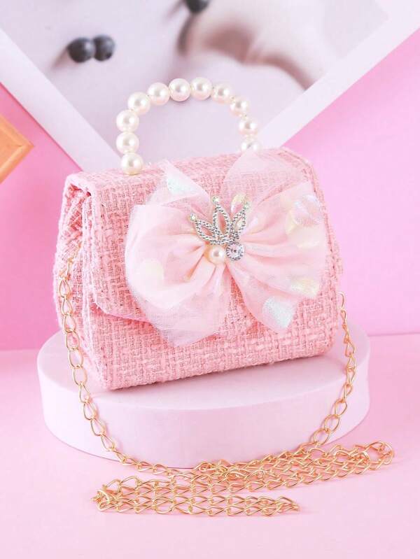 1 Peça Bolsa Transversal de Ombro com Decoração de Coroa de Cristal com Laço Fofo para Meninas, Bolsa de Mão Casual de Moda com Pérolas, Fecho de Aba em Material PU, Adequada para Festivais e Uso Diário