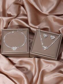 Fashion Full Rhinestone Jewelry Set Earrings, Necklace, Bracelet, Crumpled Heart Pendant, Party/Wedding Gift Accessories For Women