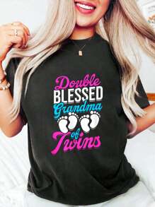 Double Grandma Of Twins - Family Spoiling Grandma T-Shirt Casual Printed Women T Shirt Cotton Summer Short Sleeve Graphic Tee Women Tops - màu đen - Xem 1