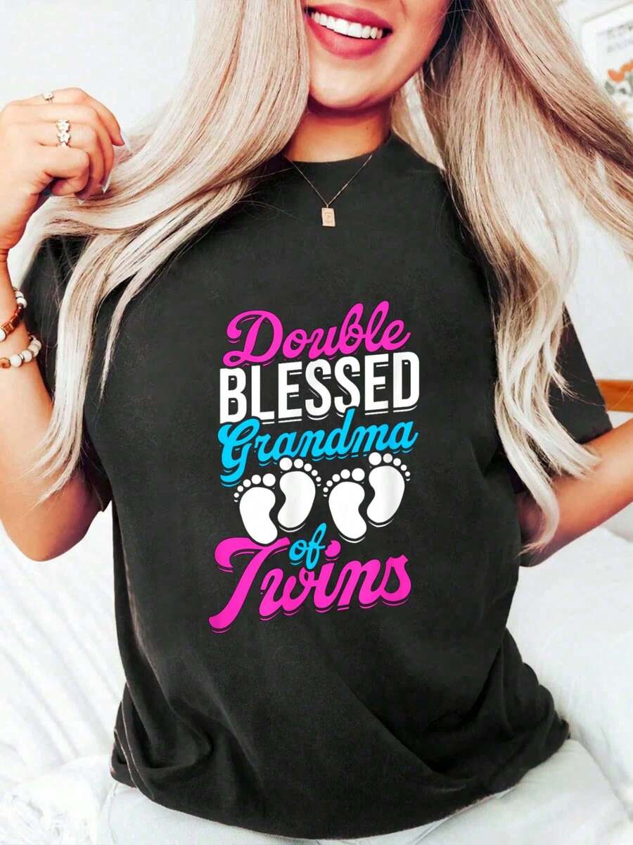 Double Grandma Of Twins - Family Spoiling Grandma T-Shirt Casual Printed Women T Shirt Cotton Summer Short Sleeve Graphic Tee Women Tops - màu đen - Xem 1