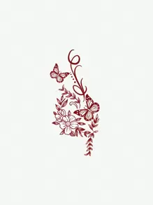 1pc Washable Temporary Tattoo Sheet, Red Butterfly & Floral Ink Painting Design, Suitable For Daily Use