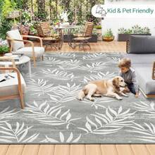Area Rug 5"X 8"  8" X 10" 9" X 12"Outdoor Indoor Rug Modern Leaves Pattern Outdoor Patio Rug Mat Low Pile Non-Shedding High Traffic Rug Easy Care Floor Carpet For Bedroom Living Room Porch Backyard - Light Grey - View 7
