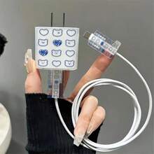 三合一蓝色爱心熊图案 18W/20W 充电器套装，兼容 - 透明 TPU 线缆保护壳，完美礼物