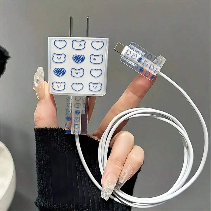 三合一蓝色爱心熊图案 18W/20W 充电器套装，兼容 - 透明 TPU 线缆保护壳，完美礼物