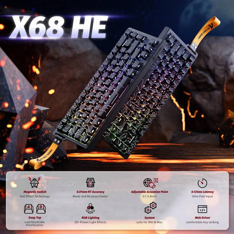 Attack shark x68 he 8000hz rapid trigger keyboard 0 01mm rt accuracy
