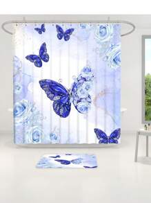 1pc/4pcs Set Blue Butterfly & Floral Multifunctional Bathroom Waterproof Shower Curtain With 12 Hooks, Bathroom Anti-Slip Mat, U-Shape Toilet Mat And Round Toilet Seat Cover, Bathroom Accessory Set For Full Scene Use