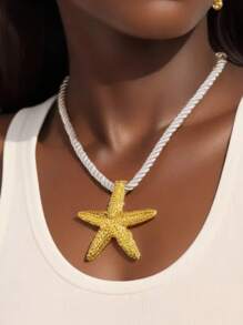 1pc Stylish Exaggerated Beach Resort Starfish Detail Necklace, Color Rope Pendant Necklace, Fashion Accessory For Women, Suitable For Beach, Party, And Daily Wear