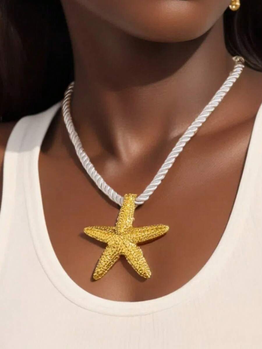 1pc Stylish Exaggerated Beach Resort Starfish Detail Necklace, Color Rope Pendant Necklace, Fashion Accessory For Women, Suitable For Beach, Party, And Daily Wear