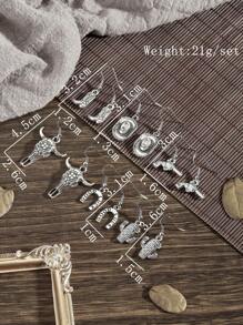 Set de 6 pares de aretes de estilo occidental retro con dijes metálicos de cabeza de vaca, herradura, sombrero de vaquero, cactus y pistola, para uso diario