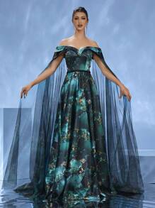 DELLA COUTURE Royal And Glamorous Dark Green Off The Shoulder Train Evening Gown, Wedding Guest Dress ​ Exquisite Floral Print Hand-Embroidered Beads Luxury Formal Wear For Weddings, Galas And Banquets Elegant Romantic Women's Party Dress Summer Collection - Dark Green - View 5