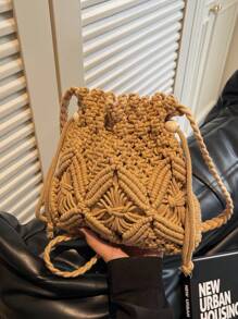 2025 New Arrival Woven Straw Bucket Bag For Women, Unique Design Crossbody Bag, Versatile For Beach & Daily Use