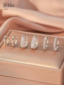 Hihho Bộ 6 khuyên tai tròn đính đá Cubic Zirconia sáng bóng, khuyên tai tròn hình chữ U với lớp hoàn thiện đánh bóng cổ điển, quà tặng trang sức dự tiệc tuyệt đẹp cho phụ nữ - Bạc - Xem 3