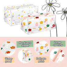 3 piezas Bolsa de maquillaje floral linda e impermeable, estuche de tocador floral refrescante de verano para organización de cosméticos, almacenamiento de útiles escolares, accesorios de baño, bolsa con cremallera con estampado de margaritas, organizador de baño de viaje portátil para mujeres