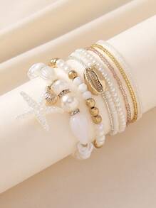 7pcs/Set Bohemian Style Faux Pearl, Starfish & Shell Beaded Multi-Layer Anklet Bracelet Set, Suitable For Women Beach Holiday Casual Wear, Wonderful Holiday Gift - Starfish - View 5