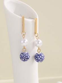 Vintage Neo-Chinese Style Ceramic Printed Earrings, Stainless Steel Imitation Ginger Jar Earrings Suitable For Women's Daily Wear