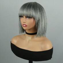 Mixed Gray Human Hair Bob Wigs With Bangs Full Machine Made Wigs For Woman Grey Pixie Cut Human Hair Wigs Pixie Cut Wigs With Bangs