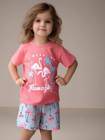 2 件套年轻女孩休闲卡通火烈鸟印花短袖套装，夏季