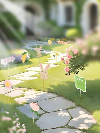 10pcs Easter New Style, Gilded Garden Stakes, Main Elements Include Rabbit/Carrot/Flower/Signpost Stake, Suitable For Outdoor Yard Decoration/Party Decoration/Directional Guidance