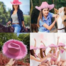 3-teiliges Set mit Vintage-Western-Kostümzubehör, inklusive flauschigem Cowboyhut mit breiter Krempe, einem Paar herzförmiger Brillen und einem Paisley-Schal, waschbare Polyesterausführung, perfekt für Halloween, Geburtstag, Junggesellenabschied, Pink/Schwarz, Abschlussball