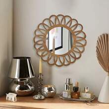 1/2pcs Charming Vintage Round Wall Decor Mirrors, Sunflower Shaped Wooden Framed Hanging Mirror For Living Room, Bedroom, Dining Room, Bathroom, Unique Decorative Mirror, Size 22.5cm/8.6inch, Special Birthday, Holiday, Graduation Gift
