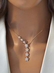 1pc Elegant Five Pointed Star Full Zirconia Chain Necklace Ladies Jewelry For Women S925 Sterling Silver Clavicle Necklace Fine Jewelry Gifts For Girls Daily Life Dating Decor - Style 1 - View 1