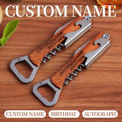 [Customizable]Personalized Multi-Function Wooden Bottle Opener, Customized Text Wooden Handle Corkscrew Bottle Opener, Knife Spiral Bottle Stopper, Bottle Cap Opener, Valentine's Day Gift, Cool Decor, Party Favor, Holiday Party Supplies, Multi-Function Beer & Soda Bottle Cap Opener, Wedding Anniversary Gift, Suitable For Engagement Christmas Gift Customized Name Engraving, Christmas Decoration Gift