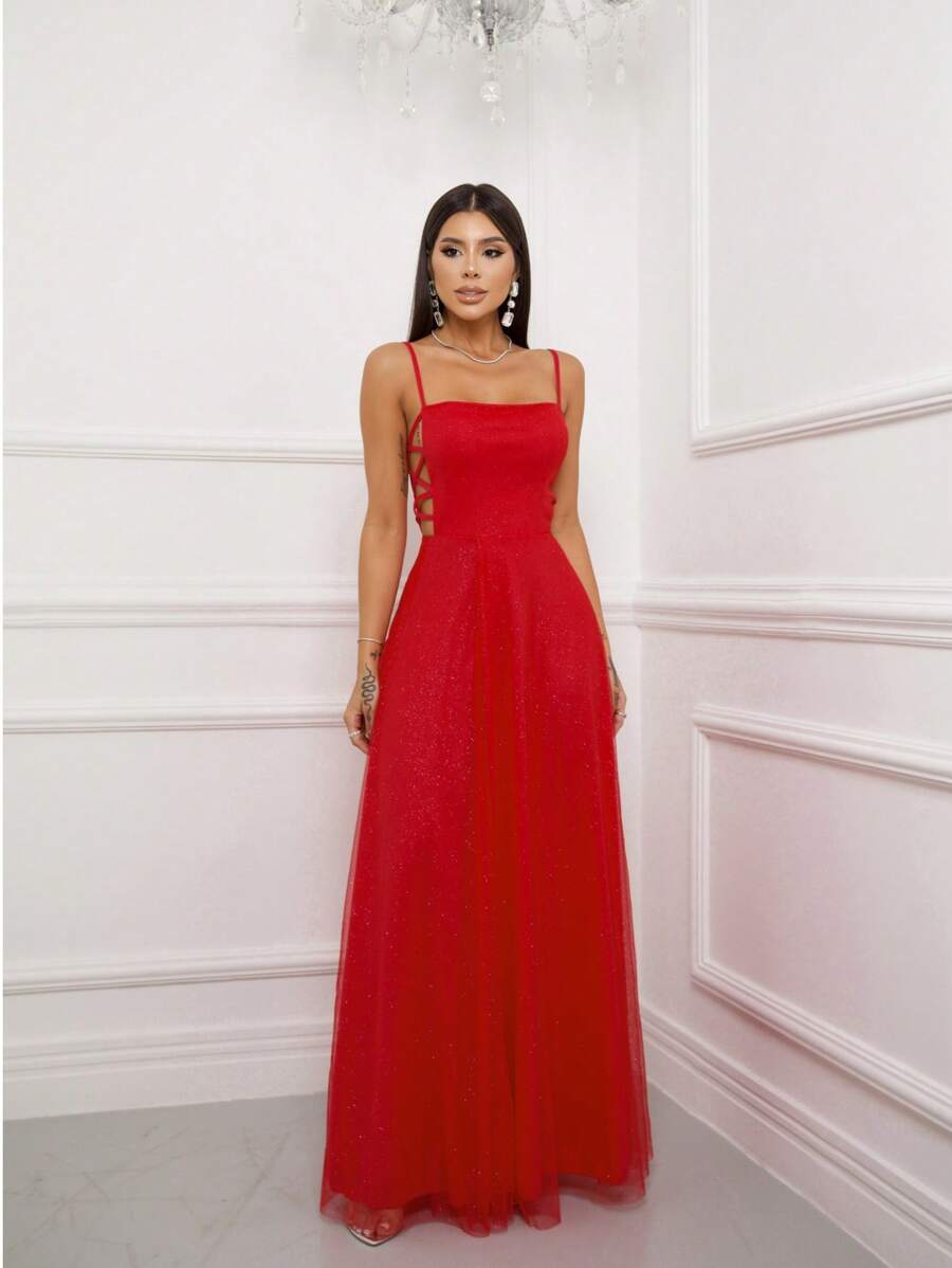 Gabriela Shiny Tulle Crossover Dress - Red - View 1