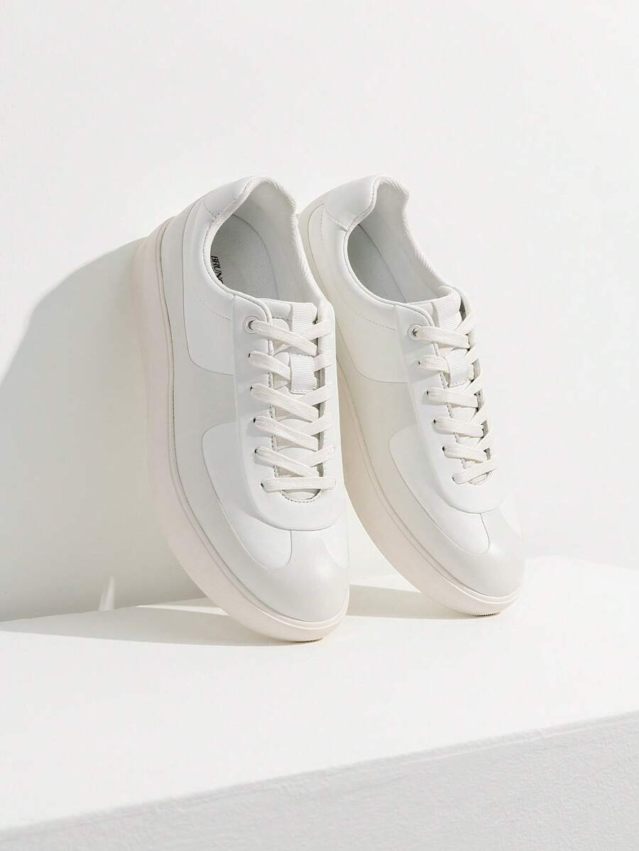 Men's Classic Textured Lace-Up Fashion Sneakers With Cushioned Support  Business Casual White Shoes - 白色 - 查看 1
