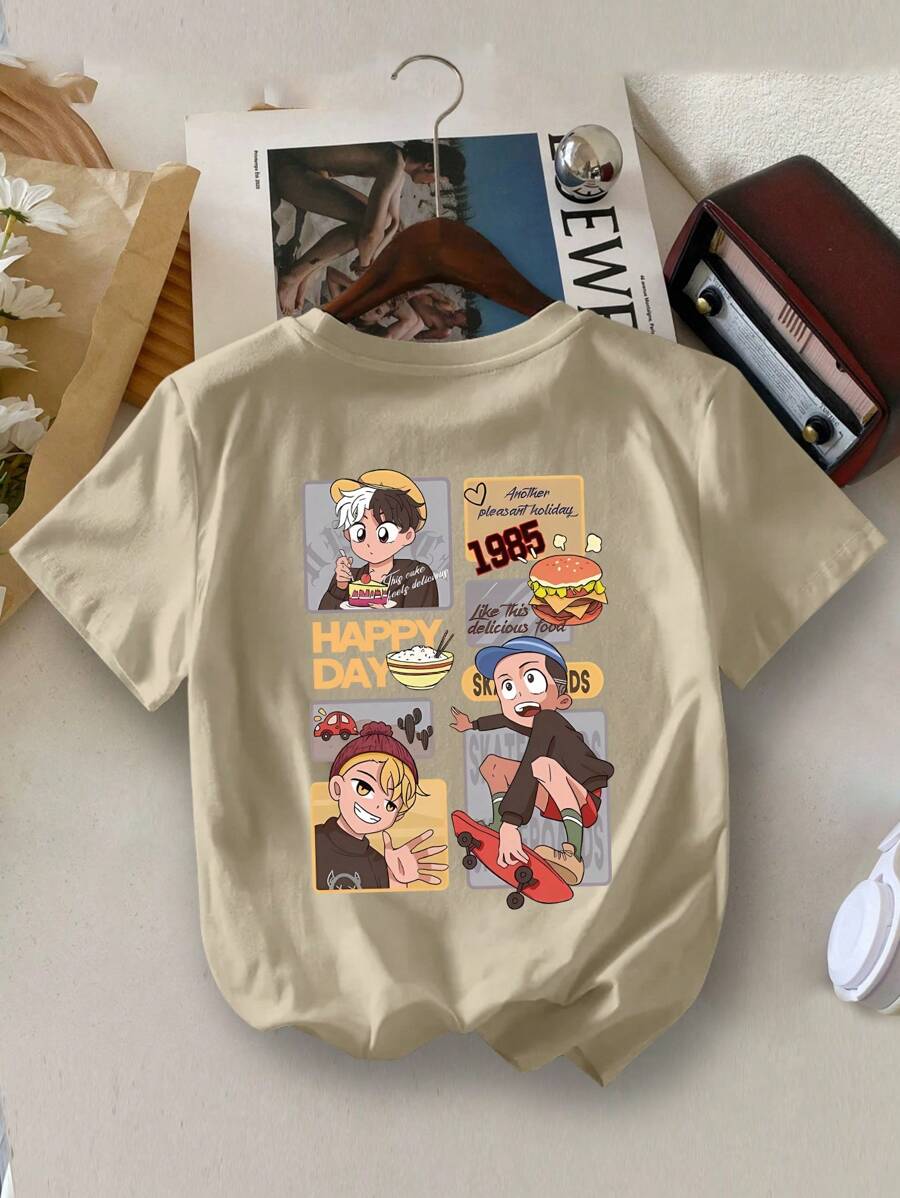 Camiseta de manga corta de verano para niño con impresión de lema "Día feliz comiendo hamburguesas y pasteles jugando en monopatín"