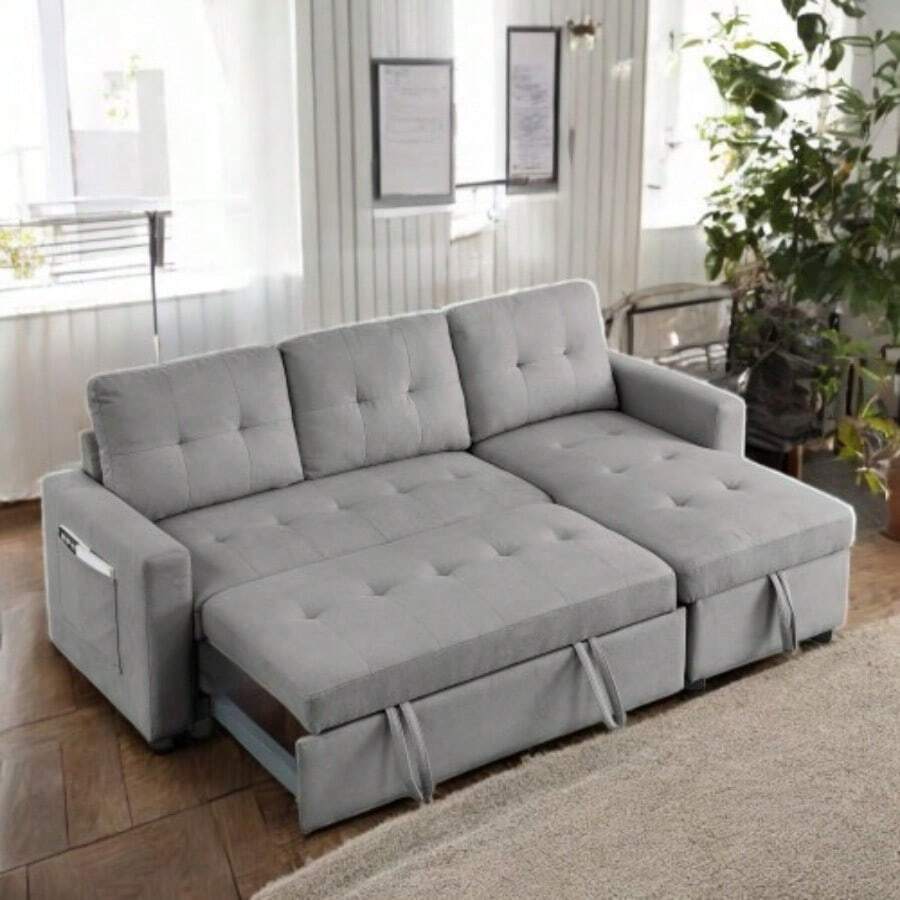 MH 78.5" Reversible Sectional Couch With Sleeper Sofa Bed, Ideal For Small Space Living Rooms. Features Storage Chaise & Side Storage Bag, Perfect For Compact Apartments, Studios. Comfortable, Space - Saving, And Functional For Modern Living!