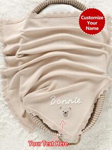 Customizable Name Embroidered Knitted Blanket With Cute Bear Design, Swaddle For Infant Newborn Baby Children All Season Custom Made Multi-Functional, Baby Shower Gift - Khaki - View 2