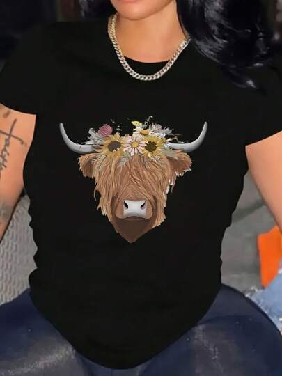 Soft Cotton Highland Cow Graphic T-Shirt Casual Tee Crew Neck Comfortable For Casual Wear