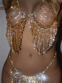 Gold-Tone Rhinestone Tassel Bra Top, Panty & Body Chain Jewelry Set - Gold - View 1