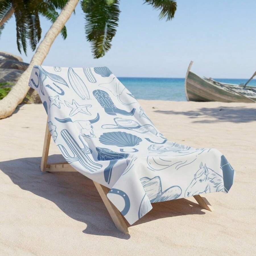 Coastal Cowgirl Beach Towel, Swim Bath Pool Camping Towel, Women's White Blue Beachy Seashell Pool Towel, Coastal Cowgirl Gift, Gift For Her, Beach Cowboy Bathroom Towel Summer Travel, Vacation Holiday Bathroom Decor Beach Essentials
