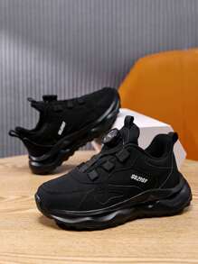 Casual Warm Velvet Inner Running Shoes With Rotary Button For Boys, Lightweight Non-Slip Sneakers Black Shoes To School - Black - View 1