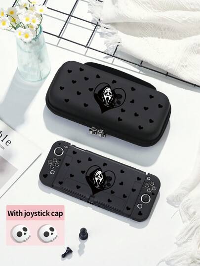 1 件骷髅与黑色心形图案保护壳，兼容 NS/Switch OLED/Lite，适用于新款 Switch 2 (2025)/Switch 主机配件保护壳/收纳袋，内含骷髅摇杆帽，方便携带，是兼容 Switch 玩家的最佳万圣节礼物
