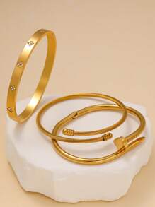 时尚精致的幸运四叶草微方晶锆石不锈钢阳极氧化锆手镯，时尚女士珠宝配饰，适合优雅的日常和派对饰品，理想的情人节礼物 - 金色 - 查看 3