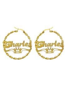 Customized Shiny Frosted Name Fried Dough Twists Ear Ring, Simple Style Personalized Charm Heart Shaped Crown Letter Lady Ring Ear Ring, Stainless Steel Exquisite Handmade Ear Ring Bride Wedding Jewelry Family Gift, Suitable For Mother's Day Gift, Birthday Anniversary Gift For Her