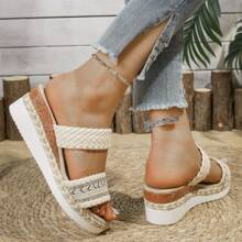 Women's Woven Platform Thick Sole Sandals, 2024 New Style With 2 Braided Straps Platform Wedge Slippers - Beige - View 5