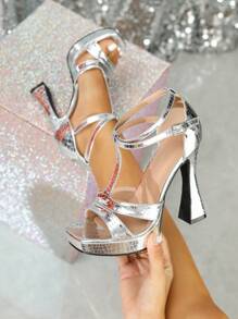 Elegant Party Women's Silver Thick-Soled High Heel Wedge Sandals With Waterproof Platform, Open Toe, Ankle Strap T-Strap Design