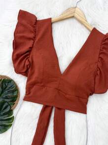 Cropped Blouse With Padding And Tied At The Back, Women's Fashion - Naranja Quemada - Ver 3