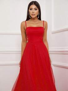 Gabriela Shiny Tulle Crossover Dress - Red - View 3