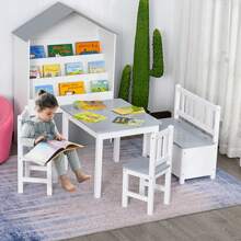 HOMCOM 4-Piece Kids Table And Chair Set With 2 Wooden Chairs, 1 Storage Bench, And Interesting Modern Design - Grey - View 1