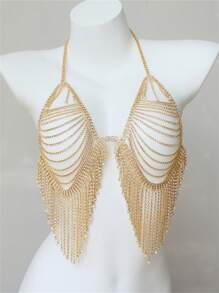 Gold-Tone Rhinestone Tassel Bra Top, Panty & Body Chain Jewelry Set - Gold - View 5