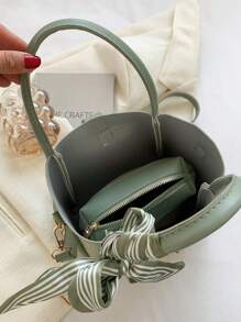 1pc Green Polyurethane Elegant Simple Scarf Bow Decor Shoulder Strap Lightweight Handbag With Inner Lining, Suitable For Women, Spring/Summer, Office Lady Commute, Shopping, Fit Phone, Wallet, Lipstick, Key, Tissue, Fashion Item