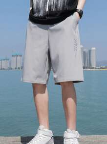 1st Heren Brief Print Trekkoord Taille Shorts, Losse Pasvorm Lichtgewicht Ademend Voor Buiten Hardlopen, Hiken, Reizen, Casual Kleding